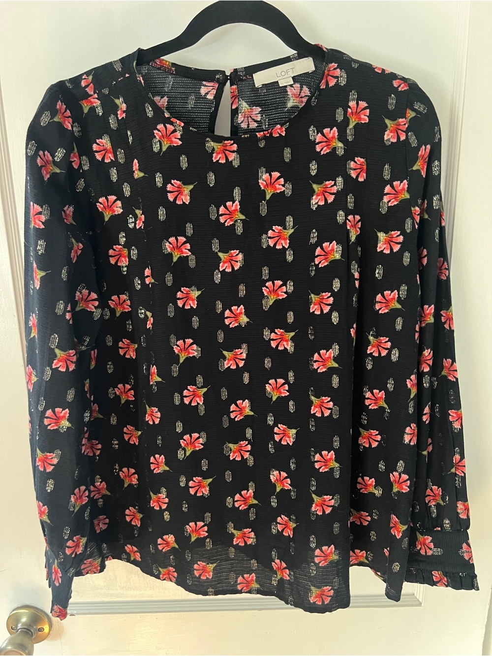 LOFT Black Blouse with Pink Floral Print Sz L